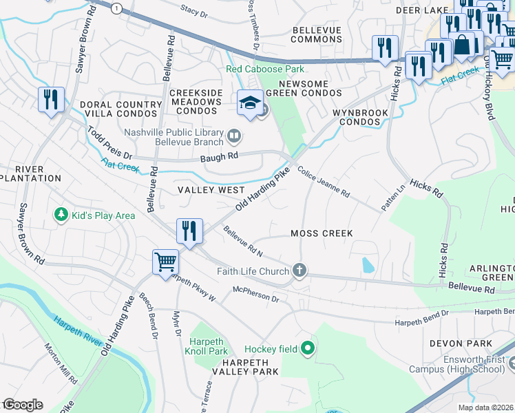 map of restaurants, bars, coffee shops, grocery stores, and more near 7307 Old Harding Pike in Nashville
