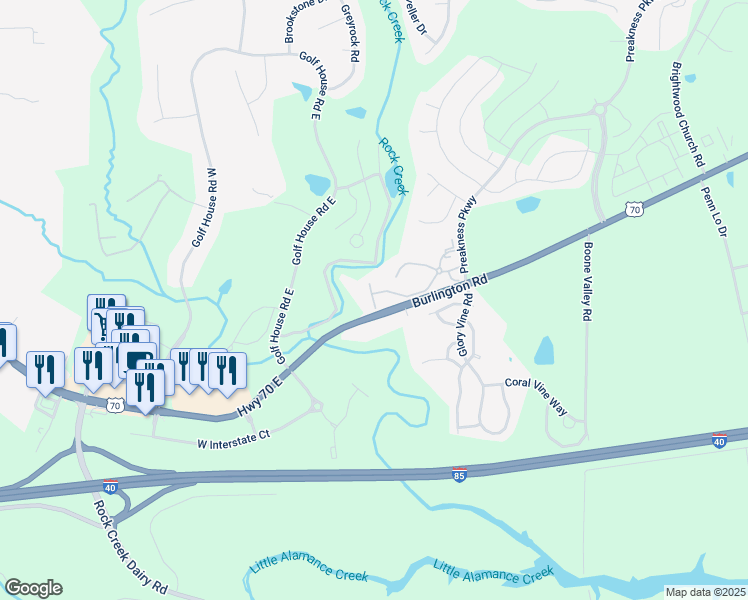 map of restaurants, bars, coffee shops, grocery stores, and more near 805 Meadow Edge Trail in Whitsett