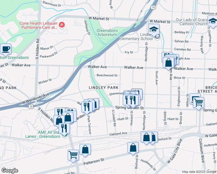map of restaurants, bars, coffee shops, grocery stores, and more near 2619 Springwood Drive in Greensboro
