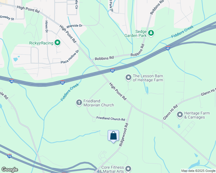 map of restaurants, bars, coffee shops, grocery stores, and more near 2715 Friedland Church Road in Winston-Salem