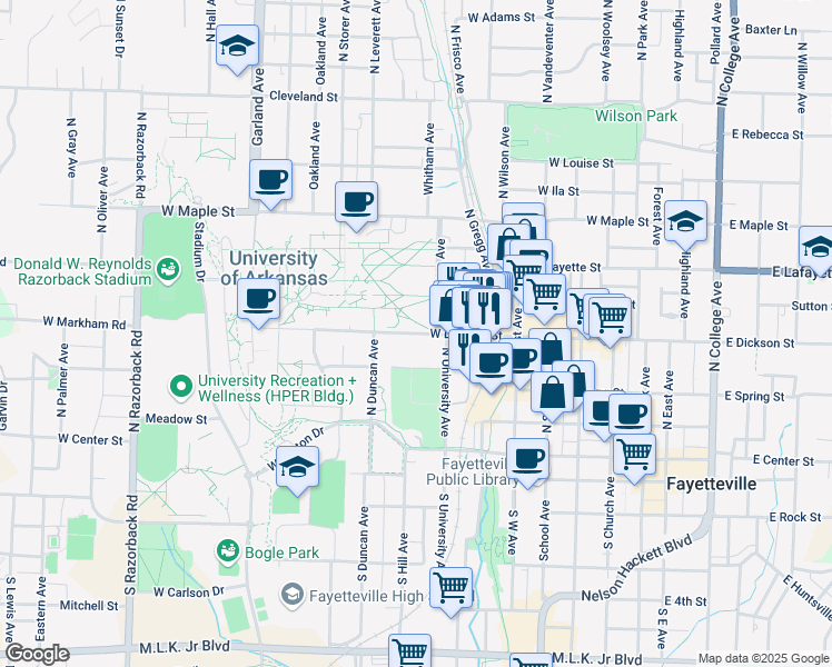 map of restaurants, bars, coffee shops, grocery stores, and more near 731 West Dickson Street in Fayetteville