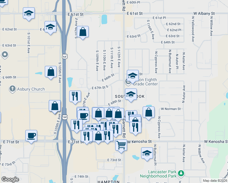 map of restaurants, bars, coffee shops, grocery stores, and more near 6726 South 111th East Avenue in Tulsa