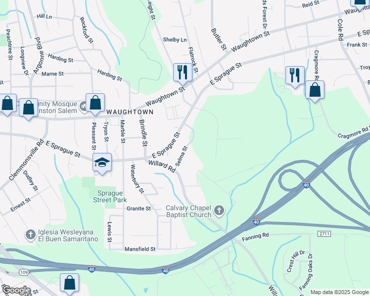 map of restaurants, bars, coffee shops, grocery stores, and more near Selma Street in Winston-Salem