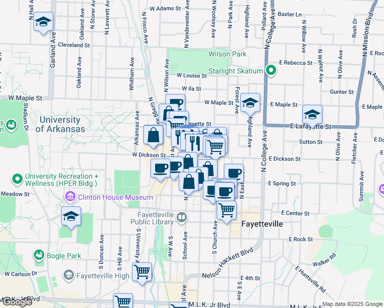 map of restaurants, bars, coffee shops, grocery stores, and more near 325 West Dickson Street in Fayetteville