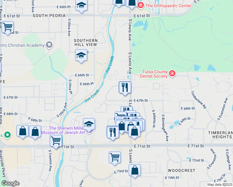 map of restaurants, bars, coffee shops, grocery stores, and more near 2211 East 67th Street in Tulsa