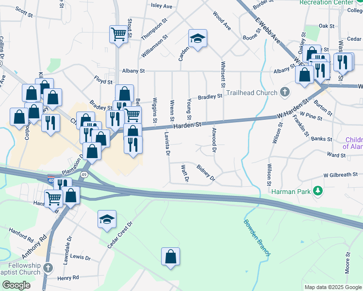 map of restaurants, bars, coffee shops, grocery stores, and more near 2322 Lavista Drive in Burlington