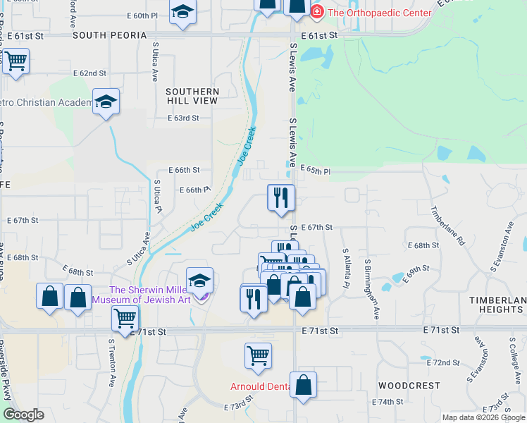 map of restaurants, bars, coffee shops, grocery stores, and more near 2211 East 67th Street in Tulsa