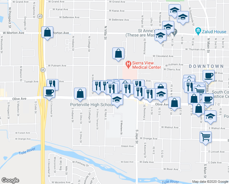 map of restaurants, bars, coffee shops, grocery stores, and more near 39 Carmelita Street in Porterville
