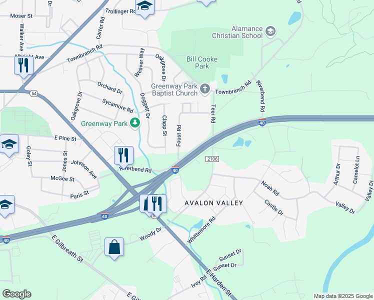 map of restaurants, bars, coffee shops, grocery stores, and more near 1008 Riverbend Road in Graham
