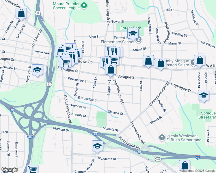 map of restaurants, bars, coffee shops, grocery stores, and more near 844 East Devonshire Street in Winston-Salem