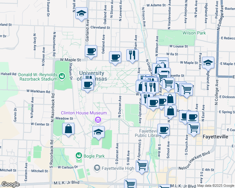 map of restaurants, bars, coffee shops, grocery stores, and more near 811 West Dickson Street in Fayetteville