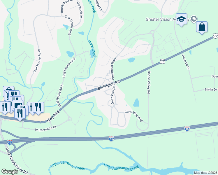 map of restaurants, bars, coffee shops, grocery stores, and more near 6331 Inkberry Drive in Whitsett