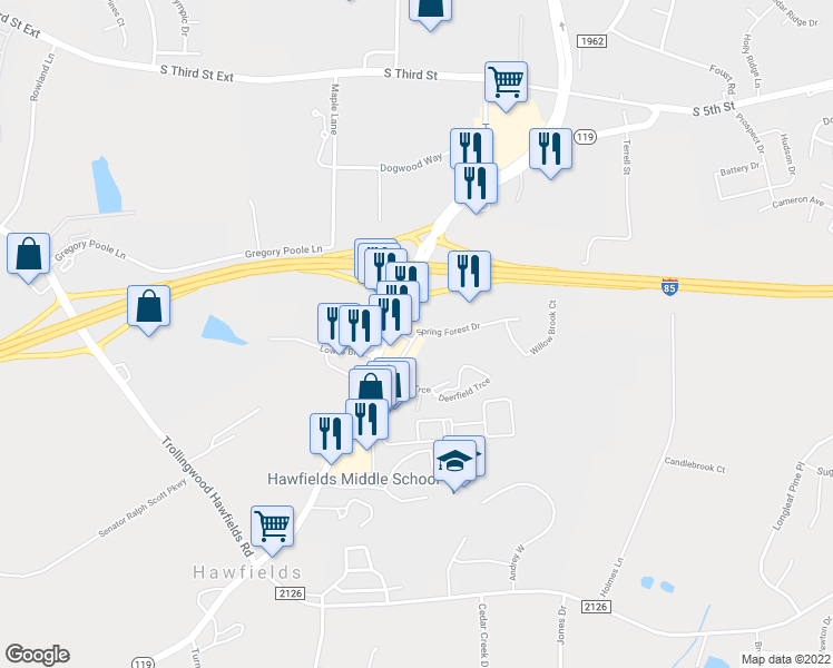 map of restaurants, bars, coffee shops, grocery stores, and more near 2 Spring Forest Drive in Mebane