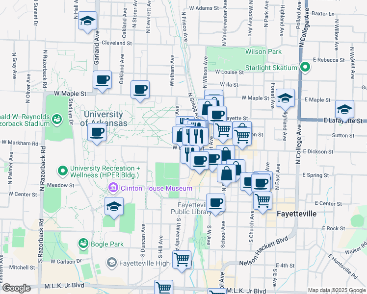 map of restaurants, bars, coffee shops, grocery stores, and more near 626 West Dickson Street in Fayetteville