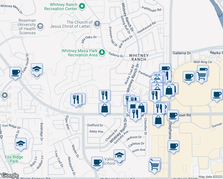 map of restaurants, bars, coffee shops, grocery stores, and more near 1520 Ironbark Drive in Henderson