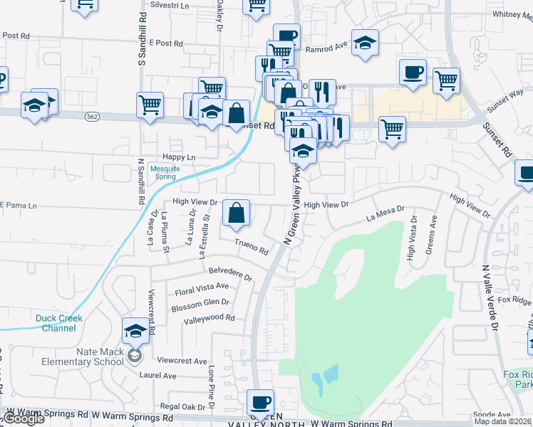 map of restaurants, bars, coffee shops, grocery stores, and more near 2409 Bonita Lane in Henderson