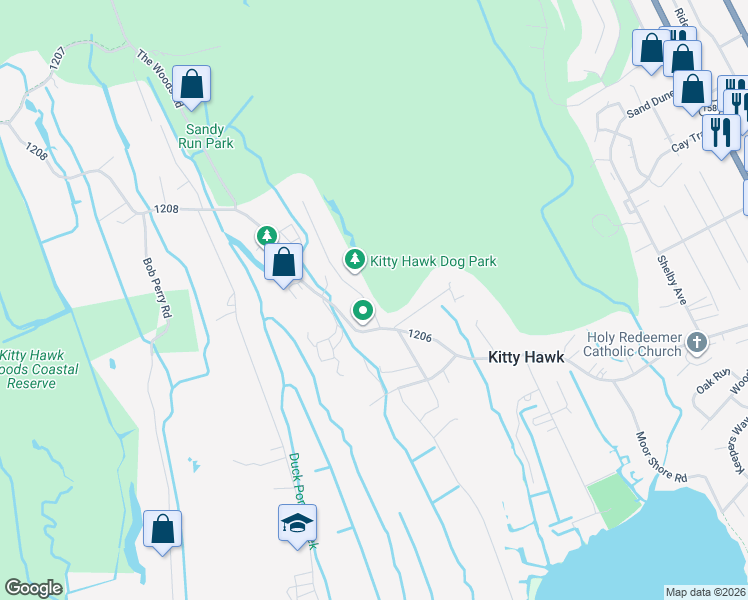 map of restaurants, bars, coffee shops, grocery stores, and more near 900 West Kitty Hawk Road in Kitty Hawk