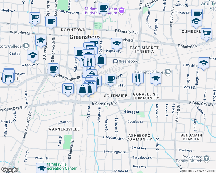 map of restaurants, bars, coffee shops, grocery stores, and more near 312 Martin Luther King Junior Drive in Greensboro