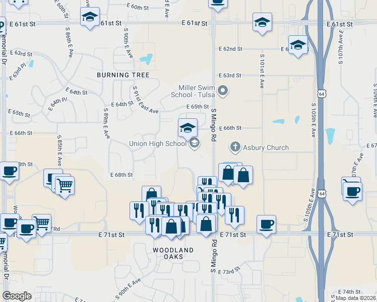 map of restaurants, bars, coffee shops, grocery stores, and more near 6636 S Mingo Rd in Tulsa
