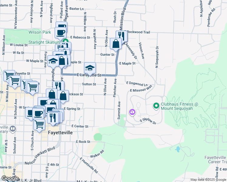 map of restaurants, bars, coffee shops, grocery stores, and more near 315 Fletcher Avenue in Fayetteville