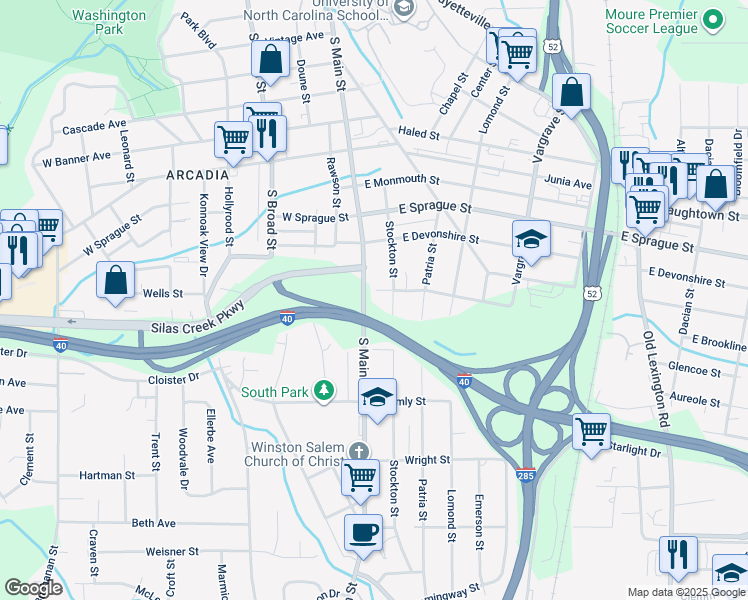 map of restaurants, bars, coffee shops, grocery stores, and more near 20 East Brookline Street in Winston-Salem