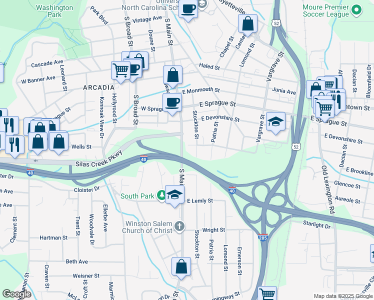 map of restaurants, bars, coffee shops, grocery stores, and more near 20 East Brookline Street in Winston-Salem