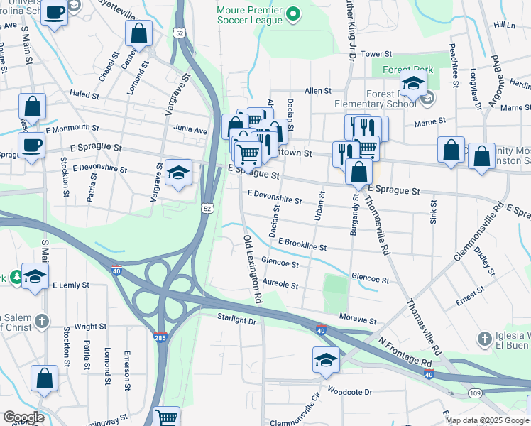 map of restaurants, bars, coffee shops, grocery stores, and more near 631 Goldfloss Street in Winston-Salem