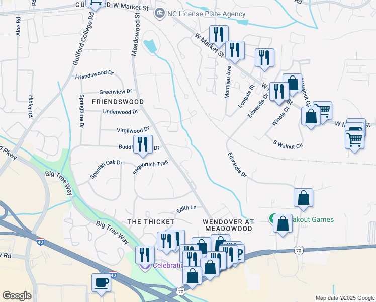 map of restaurants, bars, coffee shops, grocery stores, and more near 29 Meadowood Glen Way in Greensboro