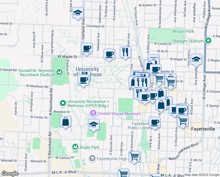 map of restaurants, bars, coffee shops, grocery stores, and more near 811 West Dickson Street in Fayetteville