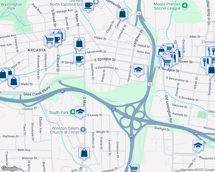 map of restaurants, bars, coffee shops, grocery stores, and more near 2513 Lomond Street in Winston-Salem