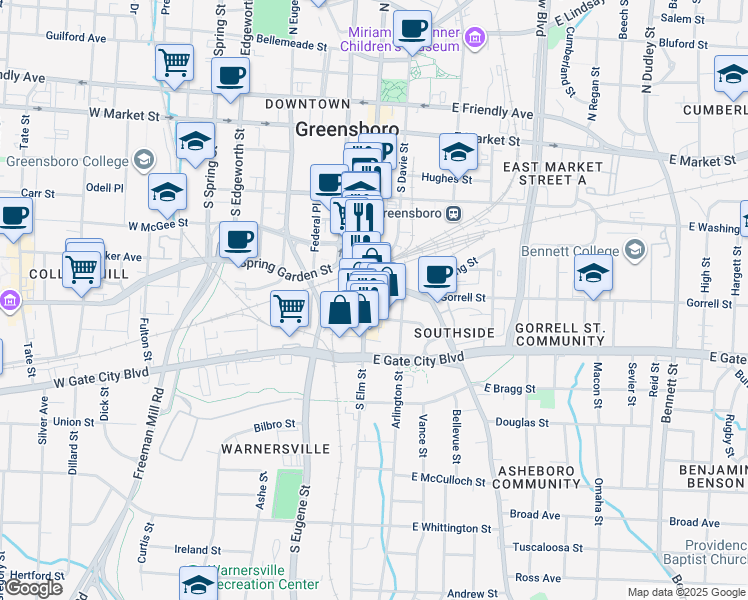 map of restaurants, bars, coffee shops, grocery stores, and more near 602 South Elm Street in Greensboro