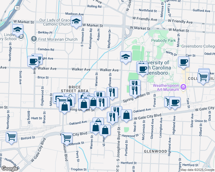 map of restaurants, bars, coffee shops, grocery stores, and more near 703 Mayflower Drive in Greensboro
