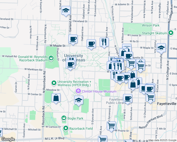 map of restaurants, bars, coffee shops, grocery stores, and more near 920 West Dickson Street in Fayetteville