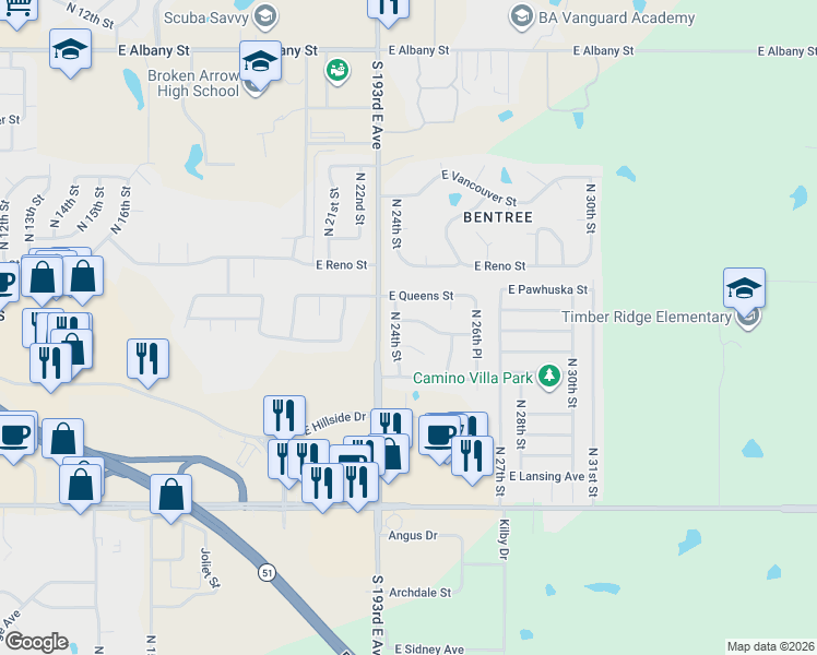 map of restaurants, bars, coffee shops, grocery stores, and more near 2505 East Princeton Street in Broken Arrow