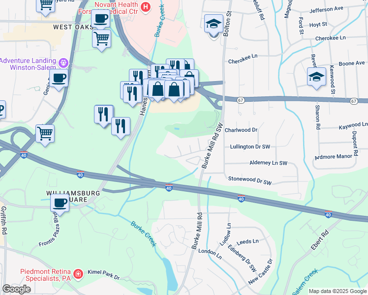 map of restaurants, bars, coffee shops, grocery stores, and more near 150 Charlestowne Circle in Winston-Salem