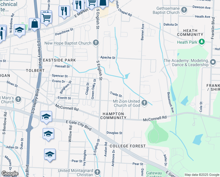 map of restaurants, bars, coffee shops, grocery stores, and more near 902 Avalon Road in Greensboro