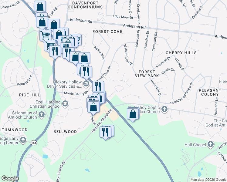 map of restaurants, bars, coffee shops, grocery stores, and more near 3106-3120 Hamilton Church Road in Nashville