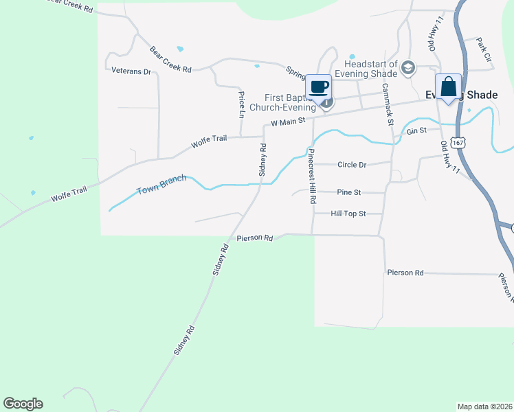 map of restaurants, bars, coffee shops, grocery stores, and more near 56 County Road 1 in Evening Shade
