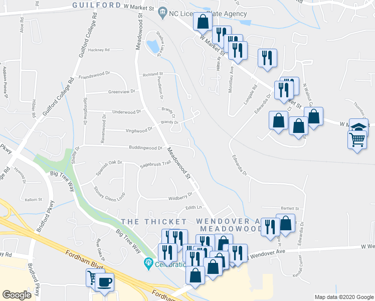 map of restaurants, bars, coffee shops, grocery stores, and more near 31 Meadowood Glen Way in Greensboro