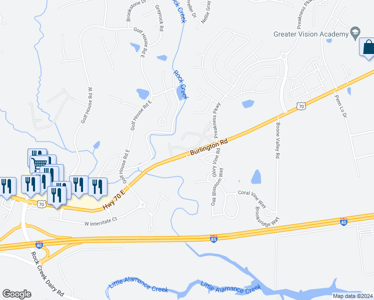 map of restaurants, bars, coffee shops, grocery stores, and more near 6788 Leaf Crest Drive in Whitsett