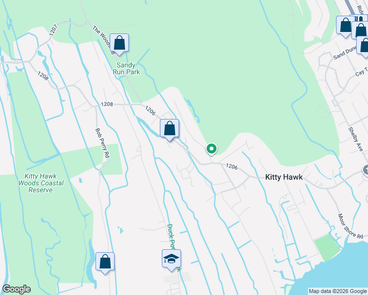 map of restaurants, bars, coffee shops, grocery stores, and more near 925 1206 in Kitty Hawk