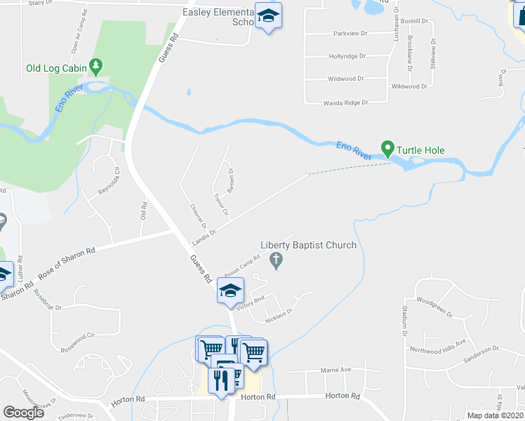 map of restaurants, bars, coffee shops, grocery stores, and more near 2505 Landis Drive in Durham