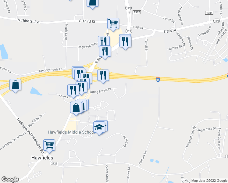 map of restaurants, bars, coffee shops, grocery stores, and more near 300 Willow Brook Court in Mebane