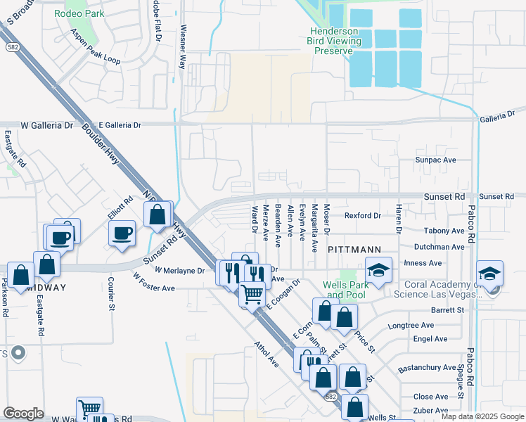 map of restaurants, bars, coffee shops, grocery stores, and more near 1909 Merze Avenue in Henderson
