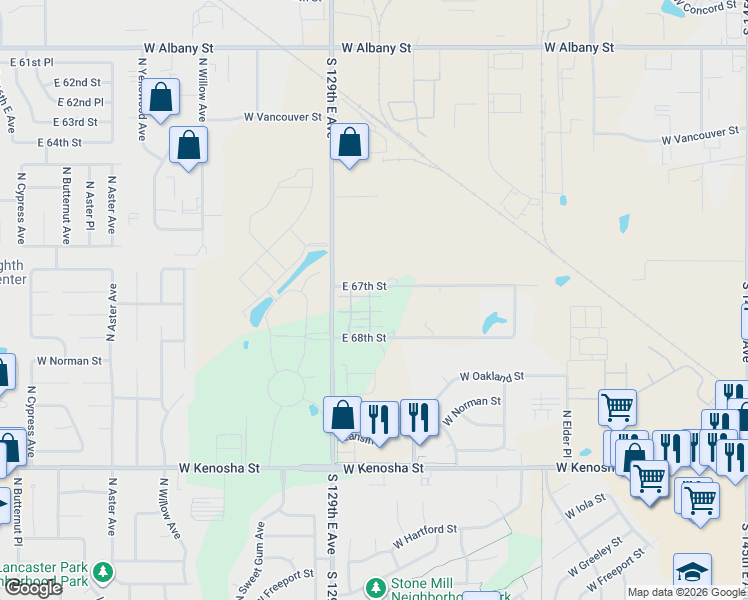 map of restaurants, bars, coffee shops, grocery stores, and more near 3408 West Oakland Place in Broken Arrow