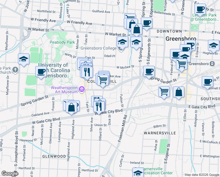 map of restaurants, bars, coffee shops, grocery stores, and more near in Greensboro