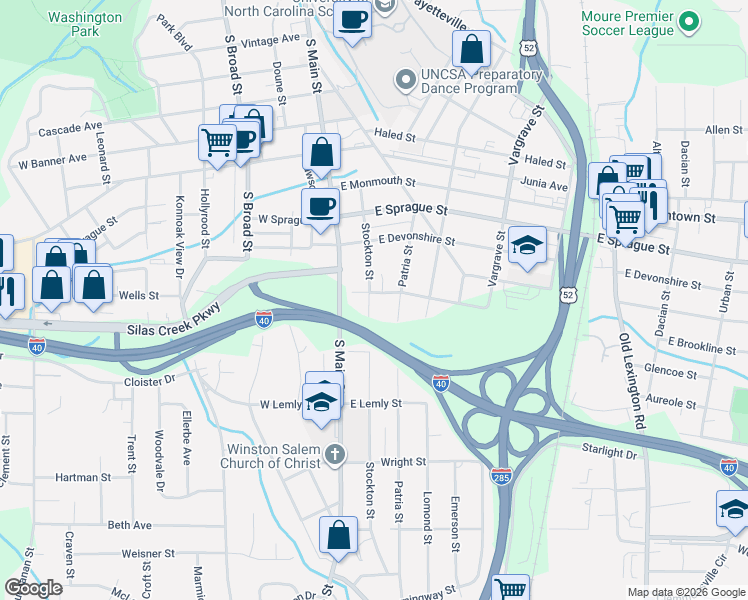 map of restaurants, bars, coffee shops, grocery stores, and more near 2514 Stockton Street in Winston-Salem