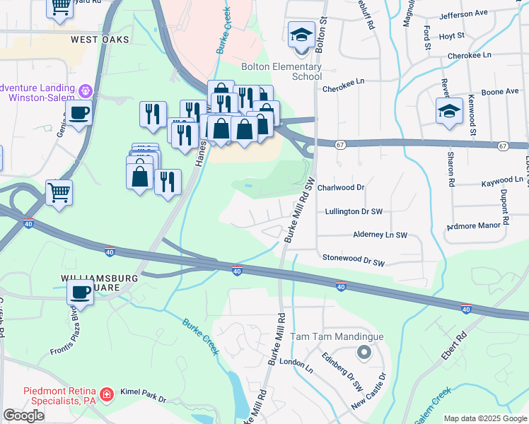 map of restaurants, bars, coffee shops, grocery stores, and more near 2930 Saint Marks Road Southwest in Winston-Salem