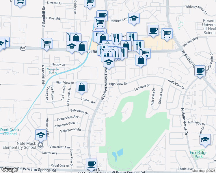 map of restaurants, bars, coffee shops, grocery stores, and more near 2432 Pickwick Drive in Henderson