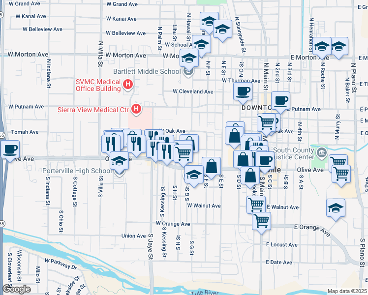 map of restaurants, bars, coffee shops, grocery stores, and more near 285 West Willow Avenue in Porterville
